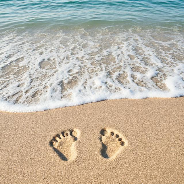child footprints in sand near ocean