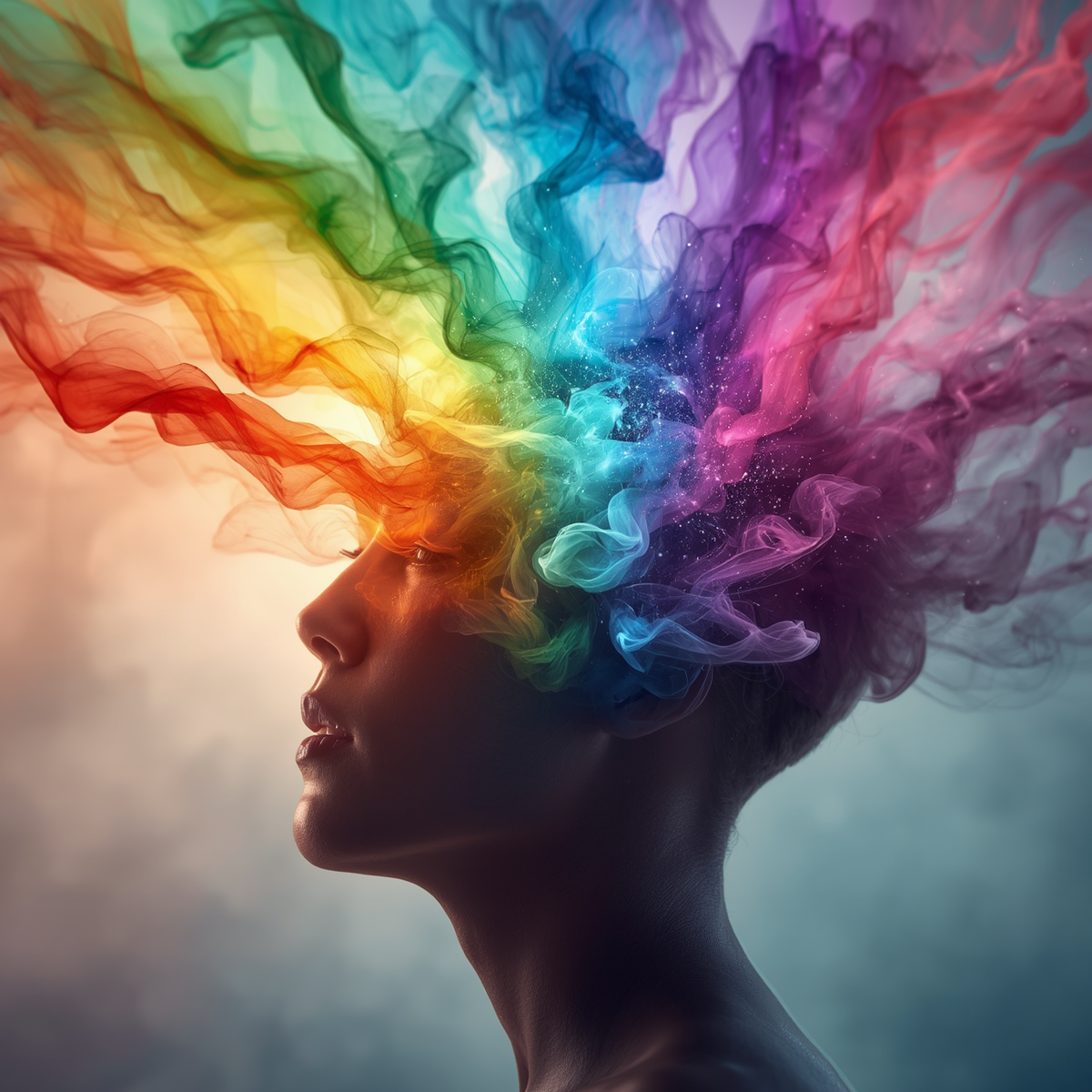 head emanating rainbow-colored streams